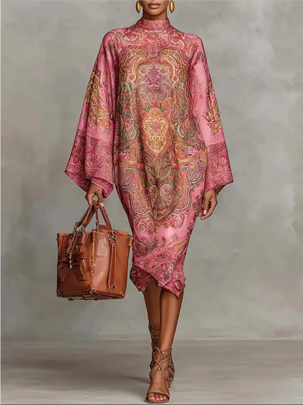 Pink Paisley Print High-Neck Midi Dress nwot